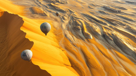 Experience the breathtaking sight of hot air balloons gliding gracefully over golden sand dunes. This aerial view captures the serene beauty of a desert landscape.の素材