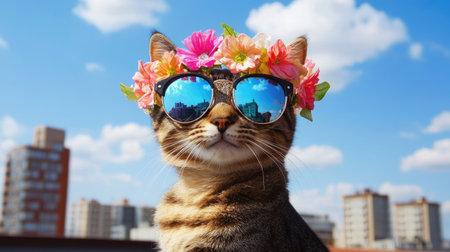 A playful tabby cat wearing a flower crown and sunglasses, exuding charm and personality against a bright, sunny background. Perfect for capturing joy and fun.の素材