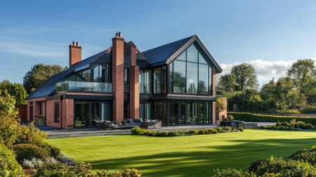 This stylish luxury house features modern architecture with expansive glass panels and a beautifully landscaped garden, offering a serene outdoor space.の素材