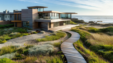 A stunning contemporary beach house featuring a wraparound porch, surrounded by lush greenery and a scenic pathway, inviting relaxation by the ocean.の素材