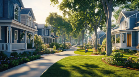 Experience a tranquil summer afternoon in a beautiful neighborhood, featuring charming houses, lush gardens, and sunny pathways that evoke a feeling of peace and serenity.の素材