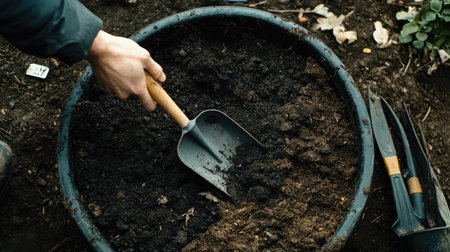 A dedicated gardener prepares soil in a raised bed for planting. This image captures the essence of backyard gardening and the joy of working with nature.の素材