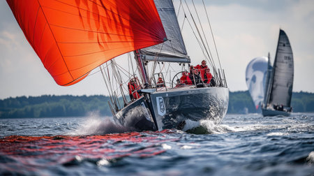 A stunning close-up of sailboats featuring vibrant spinnakers racing across the water, showcasing the excitement and beauty of sailing on a bright day.の素材