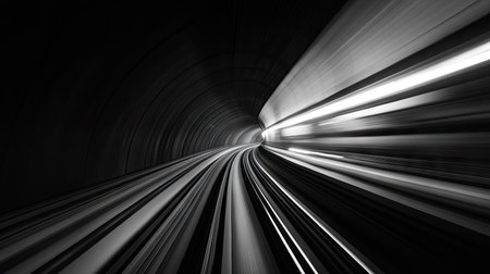 A dramatic black and white image capturing a speeding train disappearing into a tunnel, showcasing dynamic motion and captivating lines creating a sense of depth.の素材