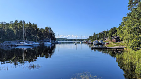 A tranquil harbor in Finland featuring sailboats gently bobbing in calm waters. Lush trees line the shore, reflecting a clear blue sky. Perfect for nature lovers.の素材