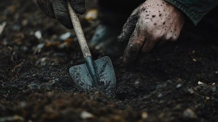 Detailed close-up of farmers' hands digging in rich soil, illustrating hard work and connection to nature in agricultural practices. Ideal for nature, farming, and gardening themes.の素材