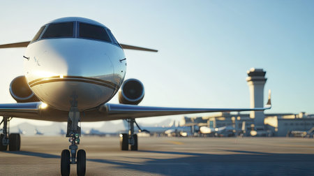 A sleek private jet parked at the airport during a beautiful sunset, showcasing modern aviation design against a picturesque backdrop.の素材