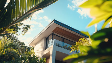 Explore a stunning contemporary Australian house nestled amidst lush greenery, showcasing modern design elements and a harmonious blend with nature.の素材