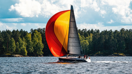 A stunning image of a sailboat in a vibrant spin, capturing the essence of adventure on the water against a backdrop of fluffy clouds and lush greenery.の素材