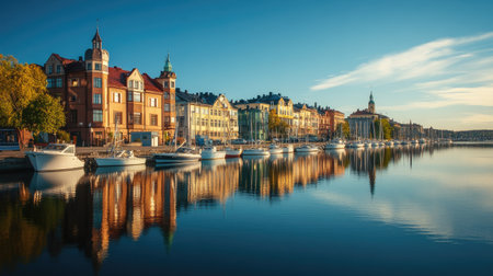 Enjoy a beautiful sunny day at a serene marina in Finland, where vibrant buildings reflect on calm waters. A perfect scene for travel and relaxation.の素材