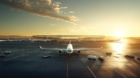 A stunning 3D rendering of an airliner on the runway at sunset, capturing the beauty of aviation with a modern airport terminal in the background.の素材