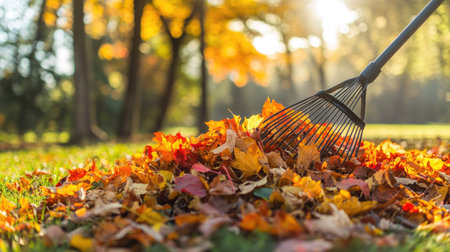 A close-up view of colorful fallen leaves being raked in a serene autumn landscape, showcasing vibrant foliage and warm sunlight filtering through the trees.の素材