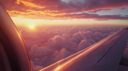Experience a breathtaking sunset view from an airplane window, showcasing vibrant colors reflecting on clouds at high altitudes, perfect for travel enthusiasts.の素材