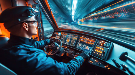 A dynamic close-up of a train engineer operating a high-tech control panel, showcasing speed and precision in a modern transportation environment.の素材