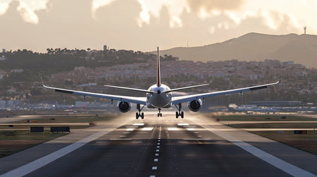 A dramatic shot capturing a passenger plane landing at high speed on a runway. The scene showcases the aircraft against a beautiful sky and landscape, perfect for aviation themes.の素材