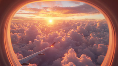Experience the mesmerizing beauty of a sunset viewed from an airplane window, showcasing vibrant colors and soft clouds in the sky. Perfect for travel and nature enthusiasts.の素材