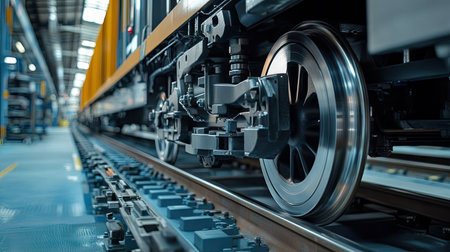 A detailed close-up view of an EMU train wheel on a railroad track, showcasing the intricate design and engineering of modern transportation technology.の素材