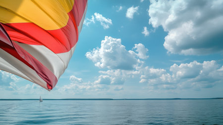 A vibrant spinnaker billows against a backdrop of fluffy clouds and calm waters, capturing the essence of sailing adventure on a serene day.の素材