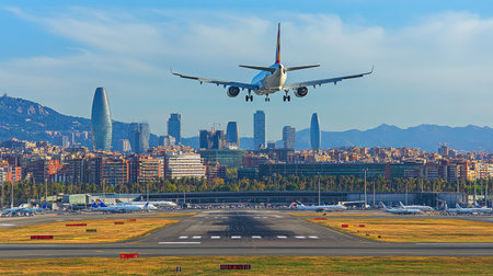 A stunning image of a plane rising from an airport runway, soaring above a modern city skyline during a beautiful sunset, capturing the essence of air travel.の素材
