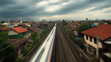 A striking image of a speeding MRT train captured from a dynamic perspective. The train navigates through an urban landscape, showcasing vibrant city life and residential areas against a dramatic cloudy sky.の素材