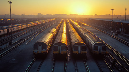 Captivating view of gleaming EMU trains lined up in a train yard at sunset, showcasing modern transportation infrastructure against a vibrant skyline.の素材