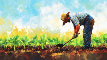 A farmer bends to dig into rich soil in a vibrant field, showcasing the connection to nature and hard work in agriculture under a bright blue sky.の素材