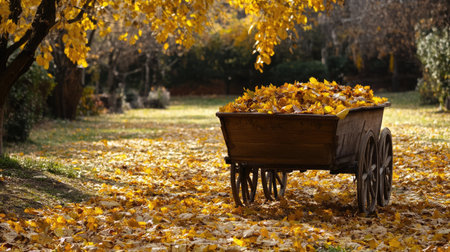 A rustic garden cart filled with vibrant autumn leaves sits amidst a serene garden, showcasing the beauty of the fall season in a peaceful outdoor setting.の素材