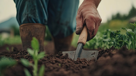 A farmer diligently grips a shovel as they work in rich garden soil, embodying the hard work and dedication of agricultural life in a rural landscape.の素材