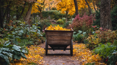 A serene autumn garden path lined with colorful foliage, featuring a rustic wheelbarrow filled with vibrant leaves, showcasing natureの素材