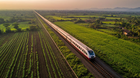 A stunning view of a modern train traveling through lush green fields during sunset, showcasing the beauty of rural landscapes and transportation.の素材