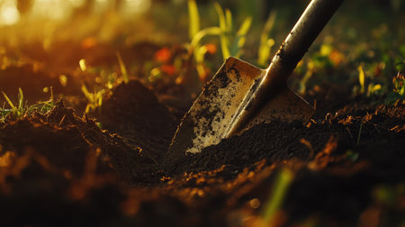 A farmer digs into rich soil with a shiny shovel during the warm glow of the golden hour, capturing the beauty of outdoor labor in nature.の素材