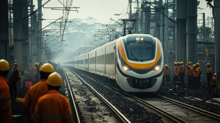 A modern train travels through the Jakarta and Bandung region, showcasing urban transportation. Workers in orange gear highlight the ongoing rail development.の素材