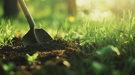 A close-up view of a shovel digging into rich soil, highlighting the blade's interaction with earth. The scene is illuminated by soft sunlight, emphasizing the beauty of nature in farming activities.の素材