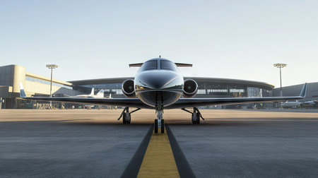 A stunning front view of a private jet positioned on the runway at an airport, showcasing modern aviation design and luxury travel experience.の素材