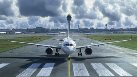 A large airliner waits on the runway, surrounded by dynamic clouds. The scene encapsulates aviation preparation in a modern airport setting.の素材