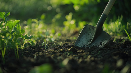 A close-up view of a shovel digging into rich soil, showcasing the hard work of farmers in a thriving garden. Lush greenery surrounds the scene, depicting nature's beauty.の素材