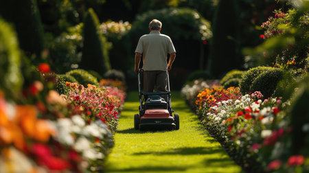 A man carefully mows a beautifully landscaped lawn, surrounded by vibrant flowers and greenery. This peaceful garden scene showcases outdoor maintenance and gardening activities.の素材