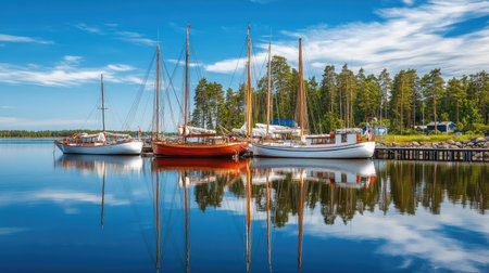 Enjoy a serene view of a marina in Finland on a sunny day, featuring charming boats reflecting in calm waters, surrounded by lush greenery and a clear blue sky.の素材