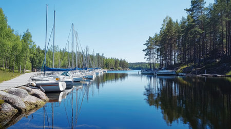 A peaceful marina in Finland features boats docked by a tranquil waterway under a clear blue sky, surrounded by lush green trees, perfect for relaxation and travel.の素材