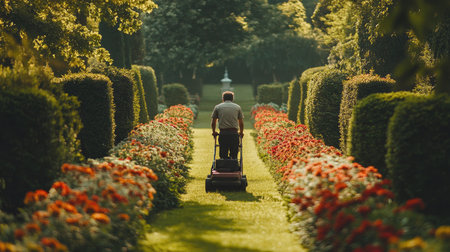 A man is pushing a lawn mower through a beautifully landscaped garden, surrounded by vibrant flowers and neatly trimmed hedges under a sunny sky.の素材