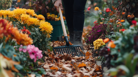 A person using a rake to clear fallen leaves in a vibrant garden filled with colorful flowers, capturing the essence of autumn and outdoor gardening activities.の素材