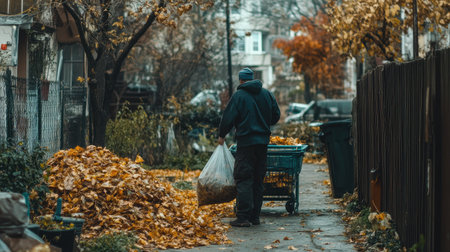 A person is seen bagging leaves in an urban setting during autumn. The vibrant colors of fallen leaves contrast with the greenery of trees, showcasing a seasonal cleanup effort.の素材