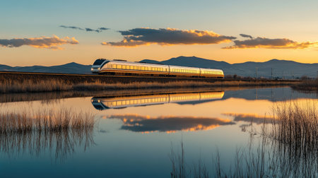 A serene scene showcasing a train gliding past at sunset, beautifully reflected in calm waters. Majestic mountains and vibrant skies create a tranquil atmosphere.の素材