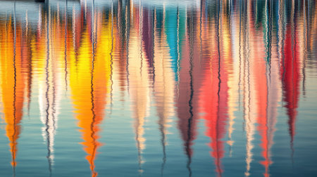 Explore a serene scene of colorful reflections in water at a Finnish marina, capturing the vibrant hues of boats and nature's tranquility.の素材