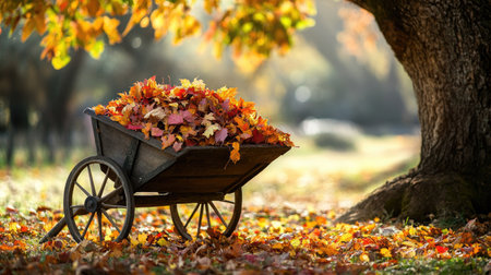 A serene rustic scene showcasing a wooden wheelbarrow filled with colorful autumn leaves under a majestic tree, creating a tranquil fall atmosphere.の素材