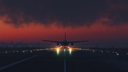 A striking image of a plane accelerating down the runway at dusk, illuminated by runway lights against a dramatic sunset backdrop. Perfect for travel and aviation themes.の素材