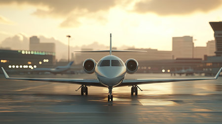 A realistic 3D render of an airplane in an airport setting during sunset. This image captures the details of modern aviation with a focus on design and technology.の素材