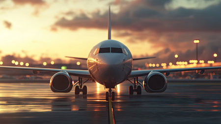 Stunning realistic 3D render of an airplane at sunset, capturing the essence of aviation. Ideal for themes of travel, technology, and modern design.の素材
