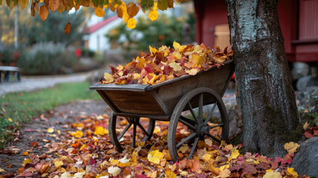 A charming rustic scene featuring a wooden wheelbarrow filled with vibrant autumn leaves, nestled beside a tree, showcasing the beauty of seasonal change in nature.の素材