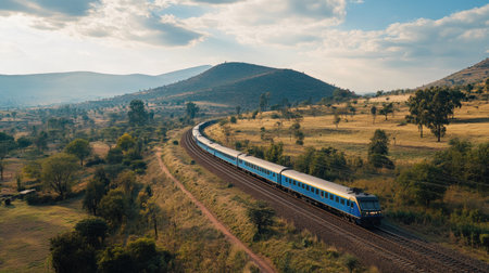 A scenic view of a train winding through picturesque hills and open landscapes, showcasing the beauty of travel and nature. Perfect for adventure and railway enthusiasts.の素材